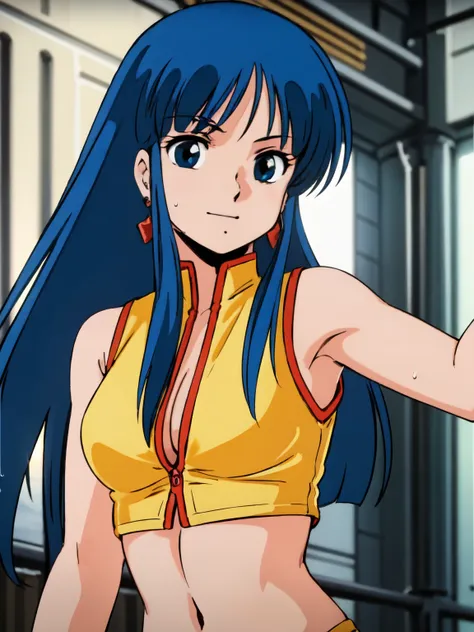 armpits,wet skin,masterpiece,high quality,ultra high definition,solo,outdoor,
viewers,smile,
Yuri,1 girl,
long hair,blue hair,earrings,blue eyes,
yellow crop top,clevage cutout,sleeveless,superior,