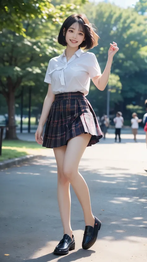 (((Japanese woman))),high school girl,(bob cut:1.2),beautiful dark hair,light in the eye,(thigh),(black loafers:1.35),slender body,(((A cute smile like an idol:1.35))),((draw the face accurately:1.4)),Beautiful and big breasts,(Standing in the park:1.5),((...
