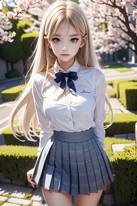 masterpiece,top quality,very detailed,photorealistic,realistic, Ultra High Resolution, Masterpiece,pretty girl,elegant,Age 15,long blonde,skinny,Completely,slender,is very cute,blazers,school uniform,white shirt,tie,plaid skirt,socks,cherry blossoms in ful...