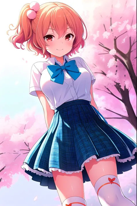 (masterpiece, best quality), very detailed background, perfect lighting, best quality, (close-up skirt:1.3), (from below:1.4), {1 girl, wind, (Arms behind back:1.7), (Standing:1.3), Red eyes, Hair between eyes, (smile:1.2), (Blush:1.1), {Short hair, (One s...