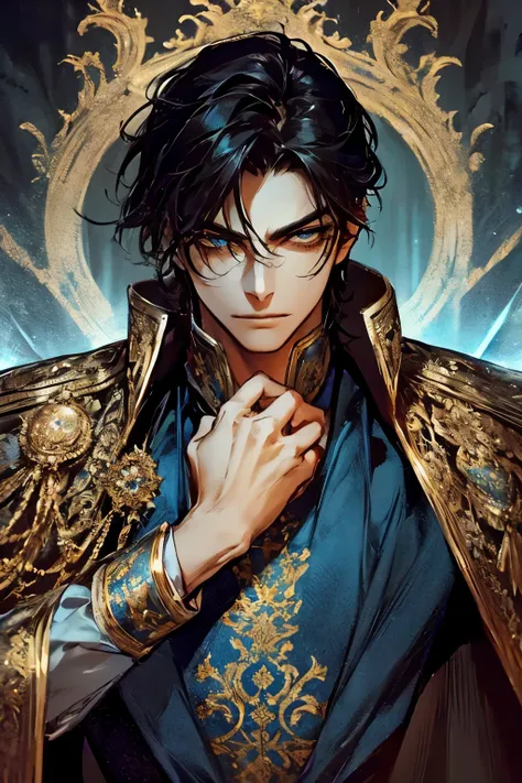 handsome king, royal outfit, dark blue and gold, black hair, sharp blue eyes, majestic, serious expression, cold gaze, luxury palace background, sword, cape, high detail, fantasy illustration