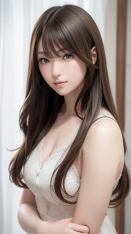 ライトベージュのヘアカラー, has long straight brown hair covering part of her face. The environment is like indoors, There is a thin white curtain with soft natural light illuminating the scene. The whole atmosphere is intimate and focused, The light from the window, C...