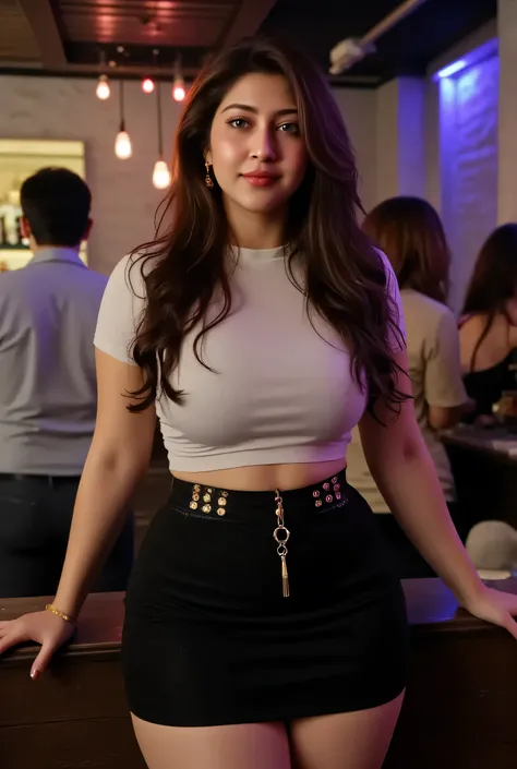 A beautiful 19 year old Indian girl, Black hair, fair complexion,( oily skin,)Big breast , body is well shaped she wearing a t-shirt and skirt standing in Beer Bar