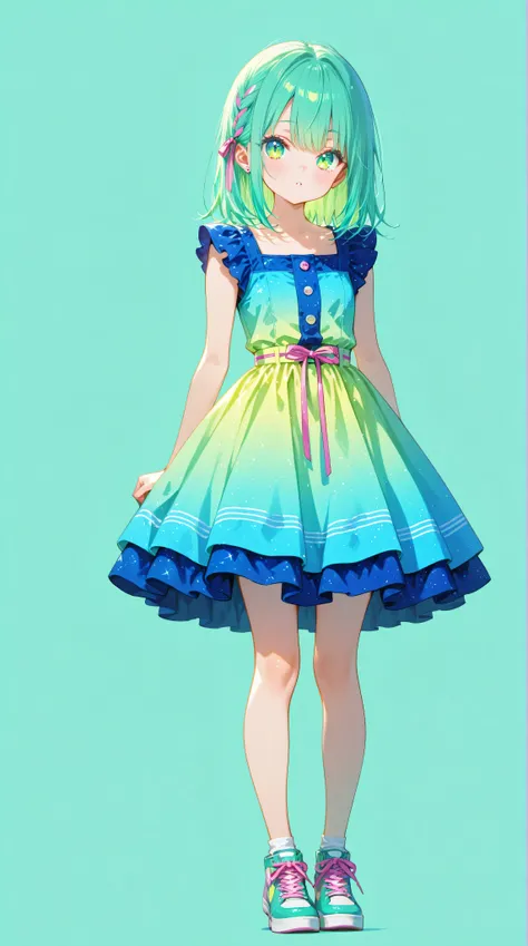 A photoreal portrait of a 22-year American girl with vibrant hair and a cute, wearing a colorful dress that accentuates her small, sexy body. She smiles brightly at the viewer, her sparkling green eyes filled with warmth. Full body shot, 8k hdr, high detai...