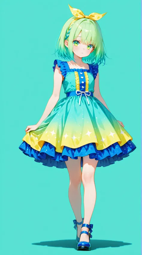 A photoreal portrait of a 22-year American girl with vibrant hair and a cute, wearing a colorful dress that accentuates her small, sexy body. She smiles brightly at the viewer, her sparkling green eyes filled with warmth. Full body shot, 8k hdr, high detai...