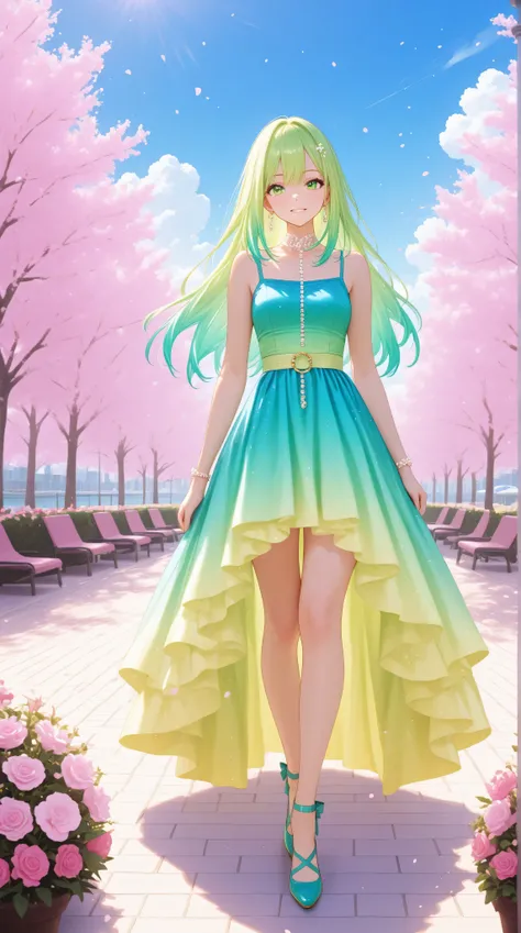 A photoreal portrait of a 22-year American girl with vibrant hair and a cute, wearing a colorful dress that accentuates her small, sexy body. She smiles brightly at the viewer, her sparkling green eyes filled with warmth. Full body shot, 8k hdr, high detai...
