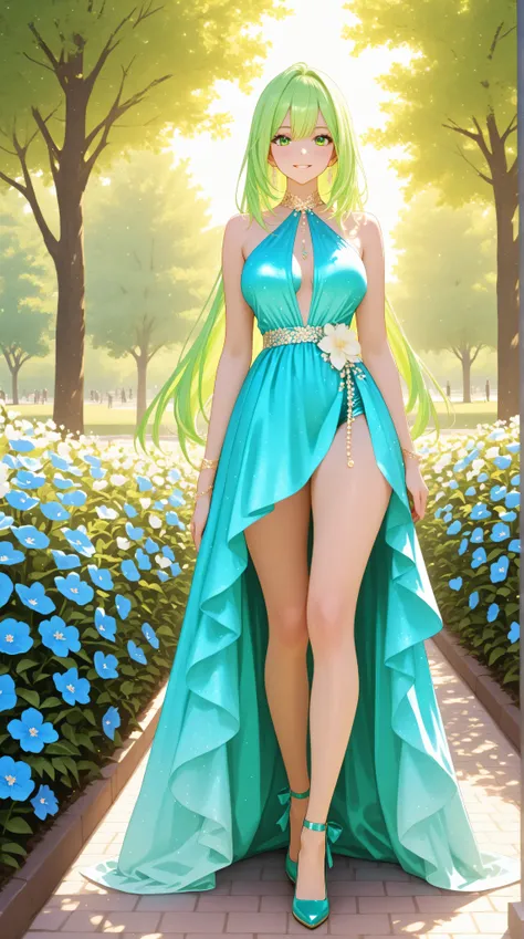 A photoreal portrait of a 22-year American girl with vibrant hair and a cute, wearing a colorful dress that accentuates her small, sexy body. She smiles brightly at the viewer, her sparkling green eyes filled with warmth. Full body shot, 8k hdr, high detai...