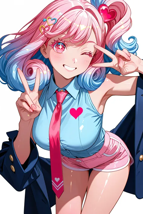 woman、poodle curl hair、transparent_background、sexy、sleeveless cut and sew、shorts、red color eyes、pink highlight hair、blue color hair、tie、blazer、smile、shiny hair、heart shaped hair pin、peace sign、sparkling_eyes、colored_eyelashes、one eye closed、