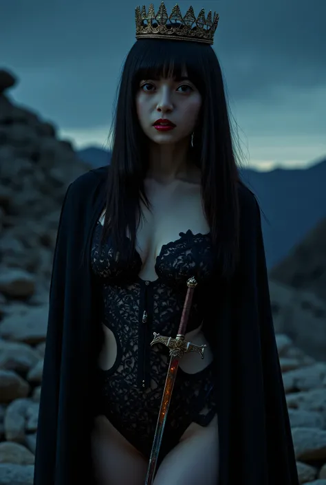 (((The summit of the Dark Mountain at midnight:2.0))),((star々The night sky shines beautifully:2.0)),(((Dark horror atmosphere with a gothic feel:2.0))),(((A long embroidered cloak with the front open on top of a high-leg leotard with the tip of a large, sh...