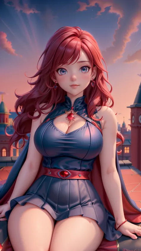 Ultra-realistic, hyper-detailed, 8K, photorealistic, vivid, masterpiece, shiny skin, firm skin, cute, Rinoa Heartilly, very big hips, voluptuous silhouette, slender arms, defined calves, red hair, flowing loose waves, beautiful eyes, mesmerizing glow, blac...