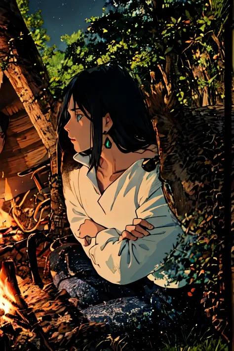 Masterpiece, 1 , Alone , howl_ Jenkins , blue eyes, detailed eyes, collar, earrings, joyería, white shirt, black pants, Sitting near a campfire, forest, por la noche, stars, officer,