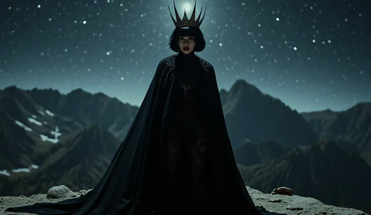 (((The summit of the Dark Mountain at midnight:2.0))),((star々The night sky shines beautifully:2.0)),(((Dark horror atmosphere with a gothic feel:2.0))),(((A long embroidered cloak with the front open on top of a high-leg leotard with the tip of a large, sh...