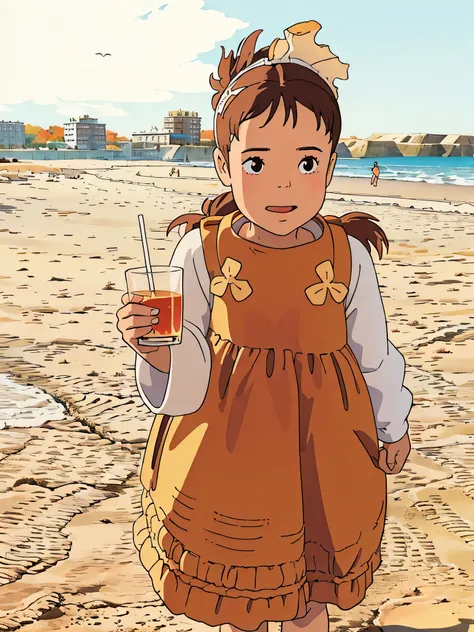 there is a holding a cup and a drink on the beach, 🍁 cute, loli, 🍂 cute, wearing wheat yellow gauze, standing near the beach, cutest, near the sea, near the beach, ocher details, at the beach, at the desert, organic dress, on a sunny day, medium portrait,...