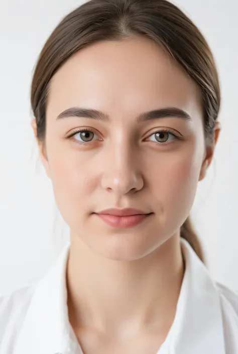 A photorealistic image of a human subject designed for a passport-style portrait. The subject is centered in the frame, maintaining a neutral expression with the lips closed and eyes looking directly into the camera, ensuring a formal and professional deme...