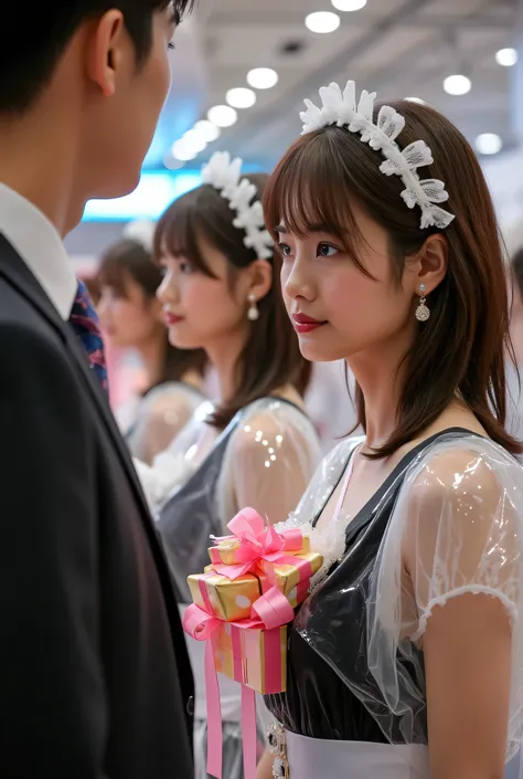One、beautiful medium long hairstyle at the exhibition store、beautiful Japanese woman dressed up as a sexy maid with、are covered with plastic and gift bows, They are all、standing without showing emotion at the camera., and a man wearing suits and ties in fr...