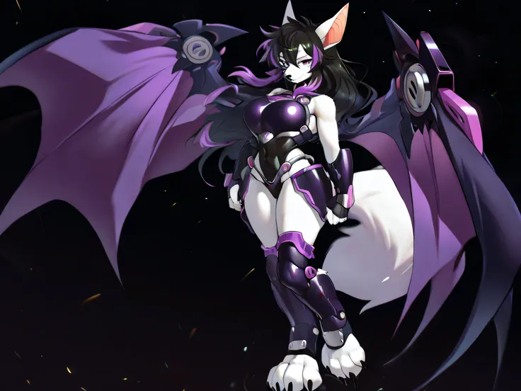 masterpiece, best quality, anime shading, full body picture, buxom body type, centered, three quarter view, 1girl, ((single view)), ((alone)), anthro, furry, fox female, ((white fox)), ((bat ears:1.5)), purple eyes, white fur, white skin, ((long black hair...