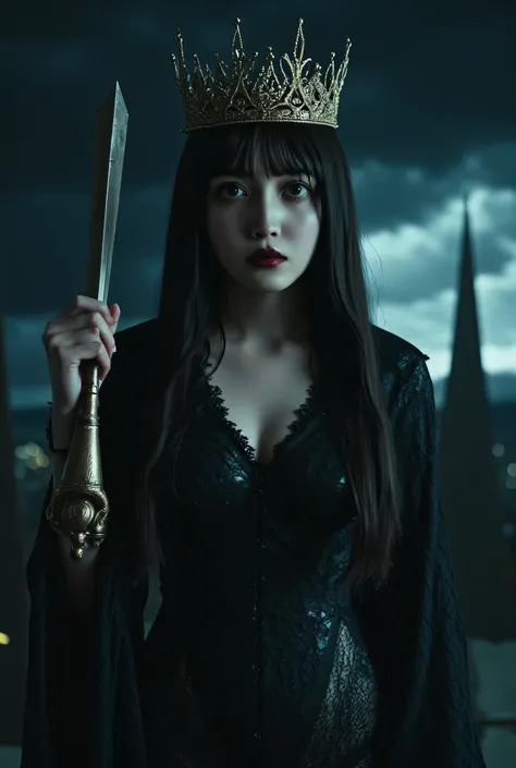 (((On the top floor of the Dark Castle:2.0))),((Night sky with constellations:2.0)),(((Dark horror atmosphere with a gothic feel:2.0))),(((Lift the large, shiny copper sword above your head with both hands:2.0))), standing,((GROUND VIEW:2.0)),looks up at t...