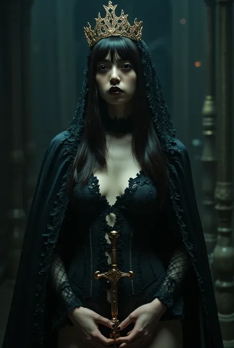 (((On the top floor of the Dark Castle:2.0))),((Night sky with constellations:2.0)),(((Dark horror atmosphere with a gothic feel:2.0))),(((Lift the large, shiny copper sword above your head with both hands:2.0))), standing,((GROUND VIEW:2.0)),looks up at t...