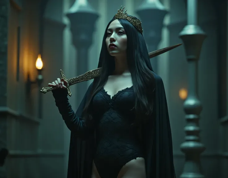 (((On the top floor of the Dark Castle:2.0))),((Night sky with constellations:2.0)),(((Dark horror atmosphere with a gothic feel:2.0))),(((Lift the large, shiny copper sword above your head with both hands:2.0))), standing,((GROUND VIEW:2.0)),looks up at t...