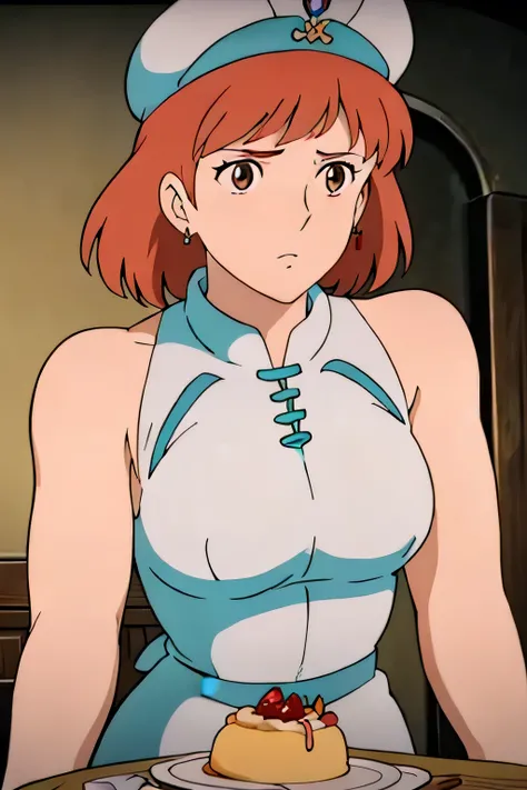 (chef-d'œuvre, de la plus haute qualité, Haute résolution, capture d'écran d'anime, anime color, 8K, réaliste), Nausicaä, femme, mature femme, épouse, seul, cheveux bruns, (regardant le spectateur), énormes seins, clivage, (soutien-gorge blanc), haut du co...