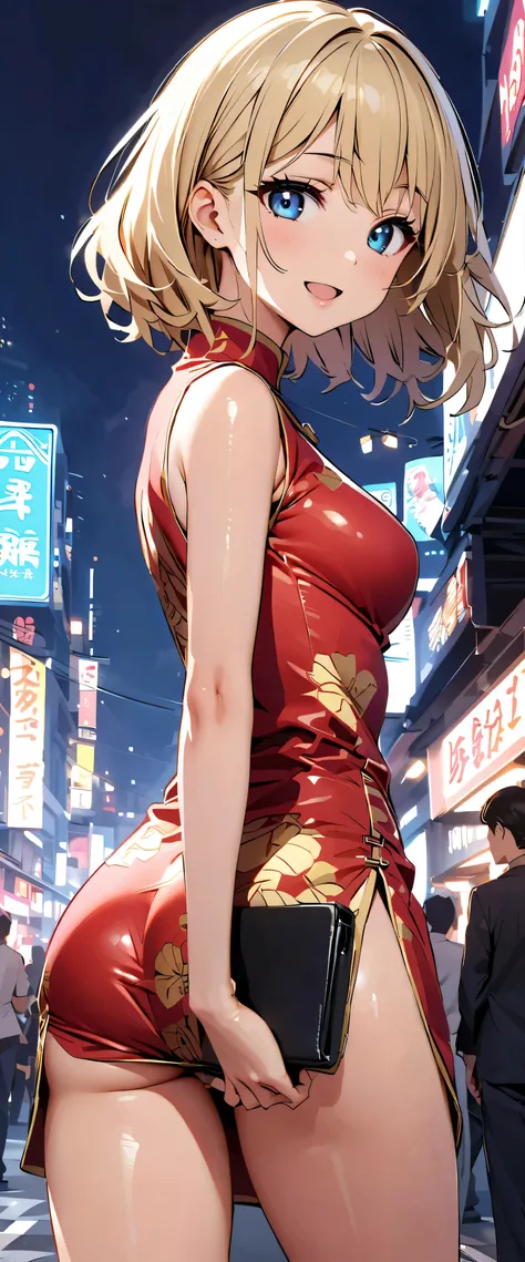 woman,20 years old,city,((Shiny China Dress))),,Open Mouth Smile(()),、,(( look back ))()Reflecting Buttocks ,