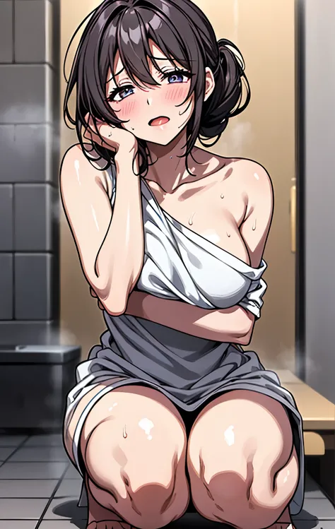 40age、mature woman、black hair、Hair tied up、I have a bath towel wrapped around my skin、A slim body、Expose your skin 、I have a bath towel wrapped around my skin、My face is sweaty、very excited、when viewed directly from the front、sexy look、Fascinated Eyes 、Blu...
