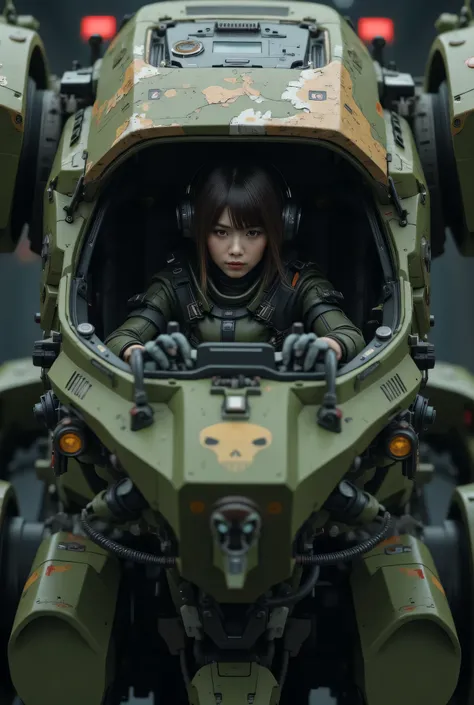 8k,Realistic Skin Texture、Superrealism、Realistic Photo、Near-future軍所属の日系女性パイロットが大型ロボットのコックピットに乗っている、Damaged moss green battle armor robot、Skull mark painted on armor、Near-future、Painting of the unit and identification number、Peeling paint、Oil stains、Detai...