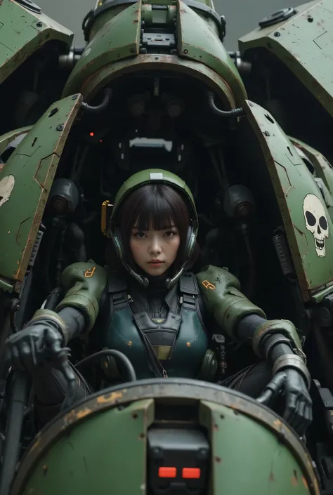 8k,Realistic Skin Texture、Superrealism、Realistic Photo、Near-future軍所属の日系女性パイロットが大型ロボットのコックピットに乗っている、Damaged moss green battle armor robot、Skull mark painted on armor、Near-future、Painting of the unit and identification number、Peeling paint、Oil stains、Detai...