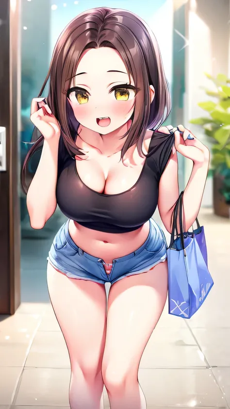1girl :d adjusting_hair bag bare_legs blue_nails bra breasts cleavage collarbone commentary doorway drawstring eden_(shiroki_yuutsu) english_commentary forehead hand_in_own_hair highres holding holding_bag large_breasts leaning_forward looking_at_viewer me...