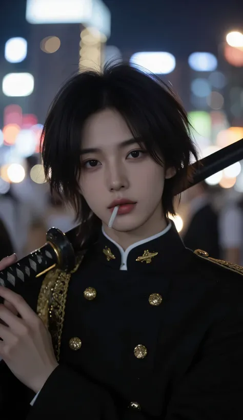 A young man with messy, medium-length white hair and sharp, captivating eyes. His face is delicate yet exudes a cold, mysterious aura. He wears a black military-style uniform with gold trimmings, inspired by a fusion of traditional Chinese and modern desig...