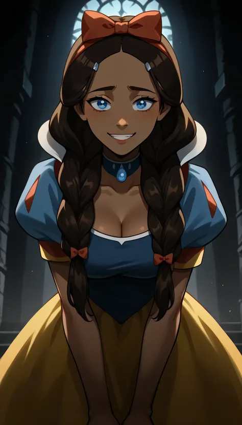 snow white cosplay, snow white (disney) (cosplay), cosplay, dress, hair bow, puff and slash sleeves, puffy short sleeves, puffy sleeves, red bow, short sleeves, skirt, yellow skirt,,huge breast,Give your images flat even illumination (negative) or dramatic...