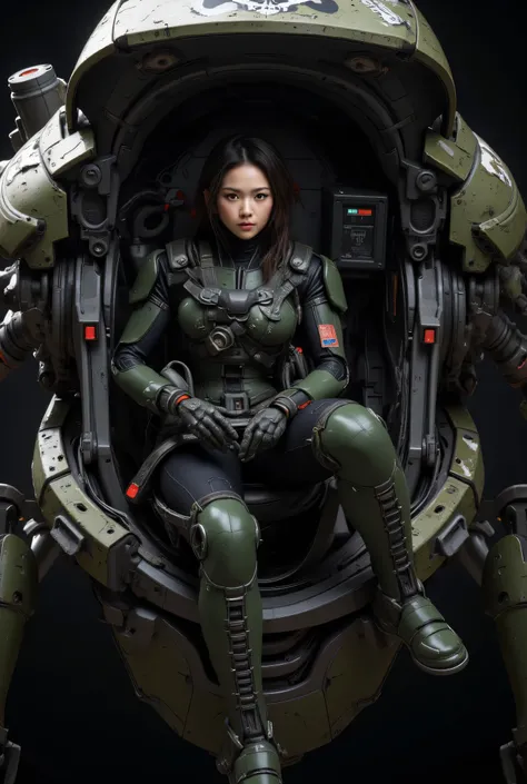 8k,Realistic Skin Texture、Superrealism、Realistic Photo、Near-future軍所属の日系女性パイロットが大型ロボットのコックピットに乗っている、Damaged moss green battle armor robot、Skull mark painted on armor、Near-future、Painting of the unit and identification number、Peeling paint、Oil stains、Detai...