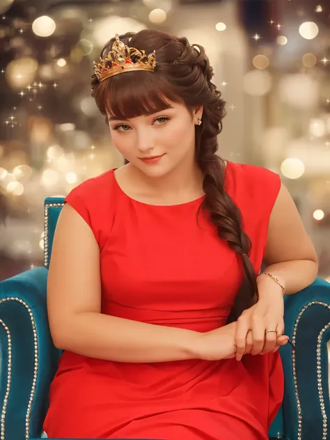 a woman in a red dress is sitting on a blue chair, with a crown on her head , photographic photo, extreme quality , maximum detail, Highest quality, Masterpiece, 8k, detailed hair