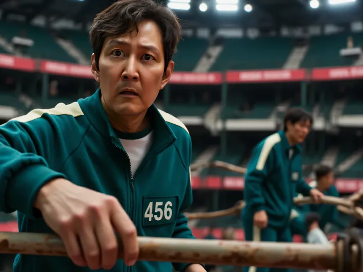 Ultra-realistic 240MP cinematic shot of Seong Gi-hun (Player 456) from Squid Game Season 3, gripping a rusty, corroded steel monkey bar with both hands, his fingers visibly tensed, veins bulging, and knuckles turning white. His face is drenched in sweat, e...