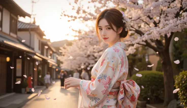 A woman is wearing a kimono, the streets of Kyoto, Japan, lots of cherry blossoms falling, the setting sun is shining in, the woman is looking back and smiling slightly, a fantastical landscape