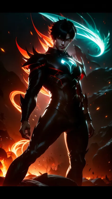 ((Masterpiece, Best quality, Ultra-detailed, 8K, Cinematic lighting)), Full-body, (Dynamic pose:1.3), (Epic composition:1.4), (Sung Jin-Woo, Solo Leveling), ((Tóc ngắn messy, lạnh lùng, bí ẩn, cực kỳ đẹp trai)), (Mặc áo khoác đen dài tung bay, chất liệu bó...