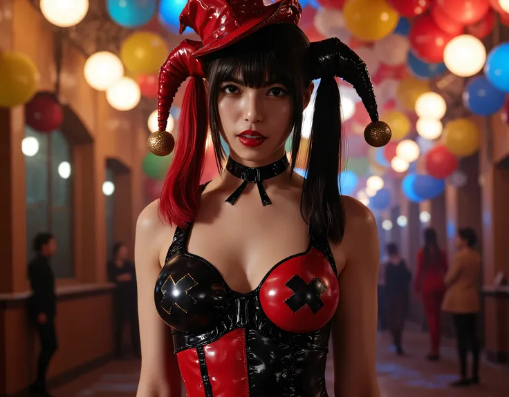 (((A crazy, pitch-dark circus in the 19th century:2.0))),circus with colorful balloons floating,((( Psychedelic Atmosphere :2.0))),(((Dance surrounded by balloons:2.0))),(((Dance under the spotlight:2.0))),(((Face with Joker-style makeup:2.0))),1 woman,(cu...