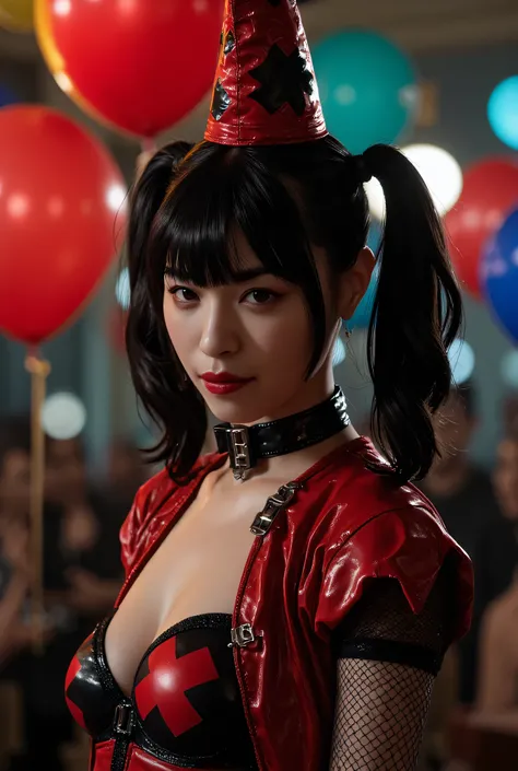 (((A crazy, pitch-dark circus in the 19th century:2.0))),circus with colorful balloons floating,((( Psychedelic Atmosphere :2.0))),(((Dance surrounded by balloons:2.0))),(((Dance under the spotlight:2.0))),(((Face with Joker-style makeup:2.0))),1 woman,(cu...