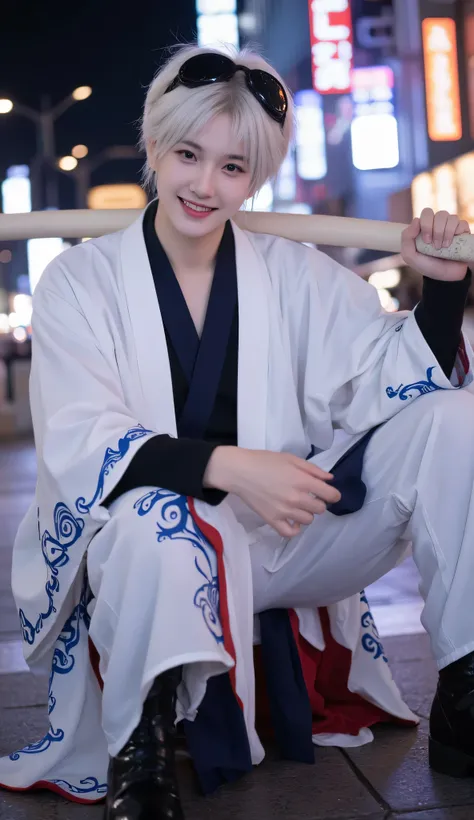 A young man with messy, short white hair, bright and playful eyes, and a cheerful expression. He wears a unique outfit inspired by traditional Japanese samurai robes, consisting of a white kimono-style top with blue swirling patterns on the sleeves and hem...