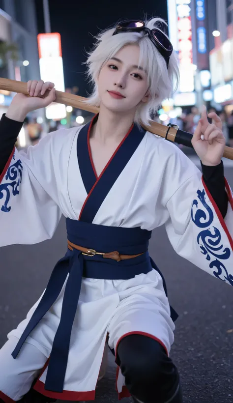 A young man with messy, short white hair, bright and playful eyes, and a cheerful expression. He wears a unique outfit inspired by traditional Japanese samurai robes, consisting of a white kimono-style top with blue swirling patterns on the sleeves and hem...