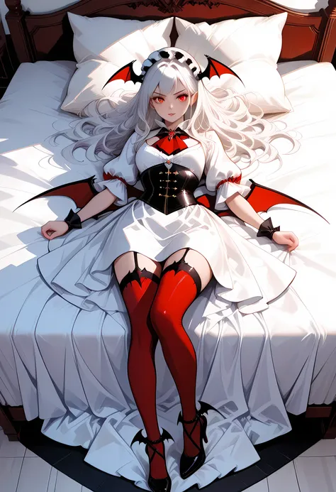A model shot of an exquisite beautiful 1solo female vampire, ultra feminine, full body, busty woman, most beautiful face, glowing red eyes, long hair, wavy hair, wearing black silk corset, red stockings, wearing intricate high heels, lying in bed, light...