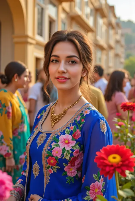 24 year girl in Indian village not modern village rural vibe wearing blue gujrati dress in hawa mahal jaipur in front of local people with smile on face showing cuteness big flowers in hand with beautiful flowers in front of people with beautiful eyes a wo...