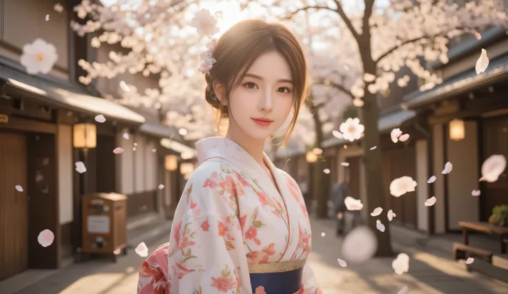 A woman is wearing a kimono, the streets of Kyoto, Japan, lots of cherry blossoms falling, the setting sun is shining in, the woman is looking back and smiling slightly, a fantastical landscape