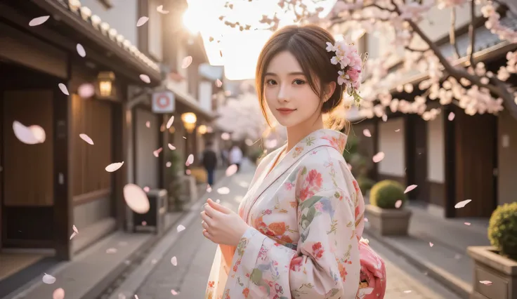 A woman is wearing a kimono, the streets of Kyoto, Japan, lots of cherry blossoms falling, the setting sun is shining in, the woman is looking back and smiling slightly, a fantastical landscape