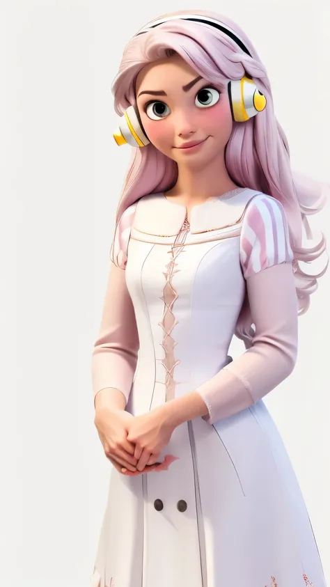(1 girl, Alone, Masterpiece, 4k, Best Quality:1.2, (cowboy shot), Best Quality:1.2, good hands, showy, (perfect hands, perfect anatomy)),
utaop, headphones,blush, White dress, fur over one, red and white hair, multicolor fur, High average,
((medium breas...