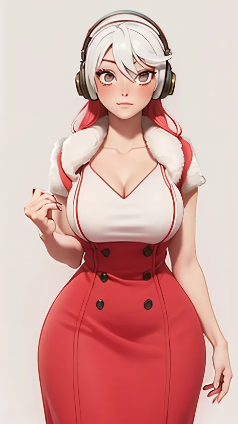 (1 girl, Alone, Masterpiece, 4k, Best Quality:1.2, (cowboy shot), Best Quality:1.2, good hands, showy, (perfect hands, perfect anatomy)),
utaop, headphones,blush, White dress, fur over one, red and white hair, multicolor fur, High average,
((medium breas...