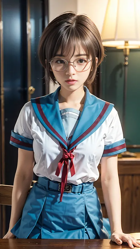 (table top, top quality:1.2), 8k,glasses、pubic hair、sailor suit、 OFFICIAL ART, RAW photo,  (upper body, sailor suit,:1.4),  Beautiful Girl, idol bending over, pleated skirt, school uniform,  Big Breasts　Short sleeve,  Movie Lighting, Detailed Faces, Backgr...