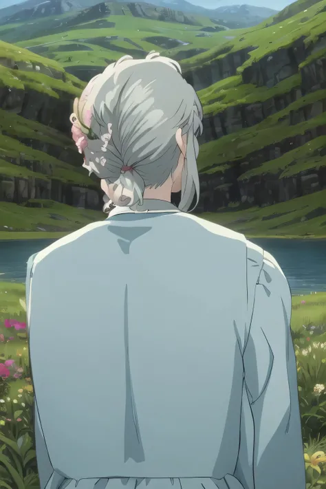 upper body, (best quality), (masterpiece), (solo), 1girl, grey hair, brown eyed, medium length hair, blue dress, grass, flowers, lake, trees, mountains, sunny, looking at viewer