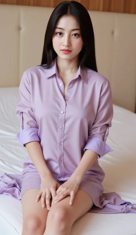 A beautiful woman,  Sit on the mattress,  shirt looks full body,   body facing front,  eyes looking at camera ,  use long tassels to the feet of satin material of purple color,  big ,  red lips,  black hair