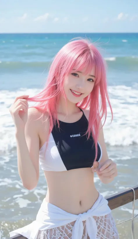 Japanese woman 20 years old swimsuit The upper body is visible Seaside smile I'm looking at this bright hair color hair flutters in the wind